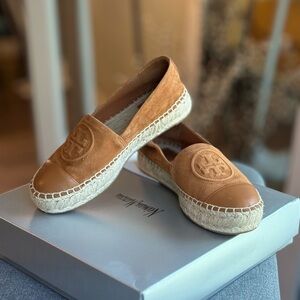 Tory Burch Camel/Tan Espadrille Logo Slip-On